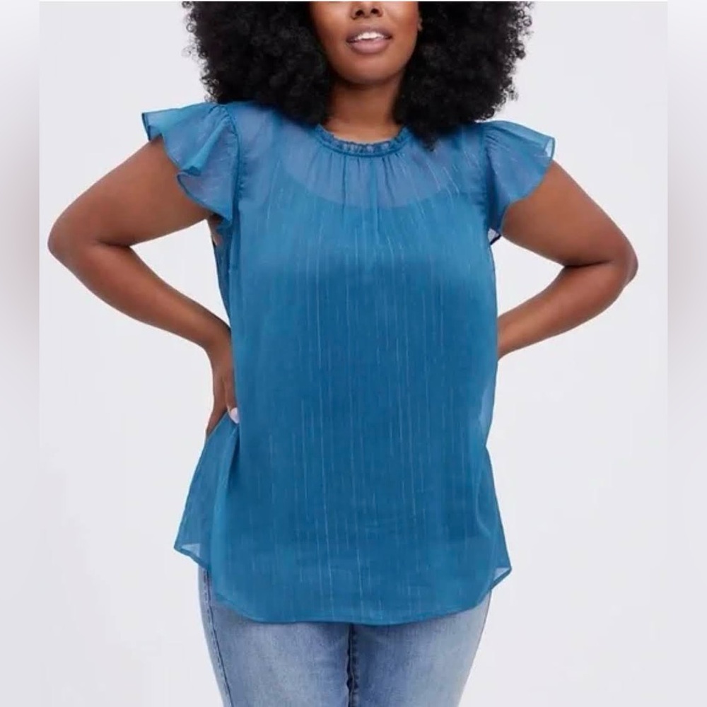 Torrid Blue Sheer Ruffle Sleeve Blouse Size 0